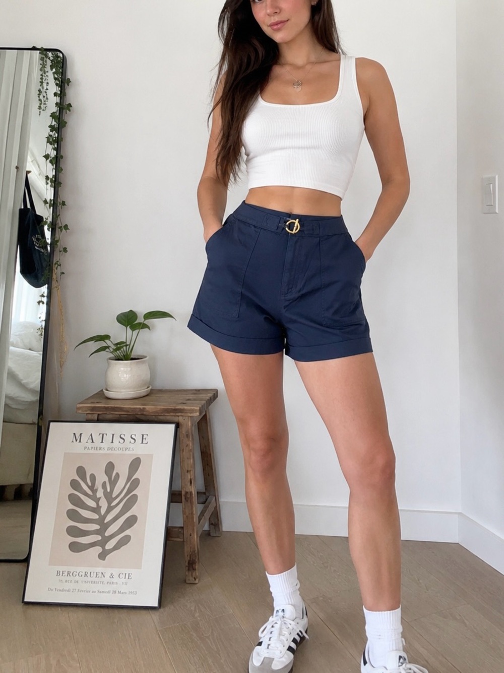 NWT Vintage Y2K Chaps Cotton High Rise Navy Blue Women’s Shorts with Gold Buckle